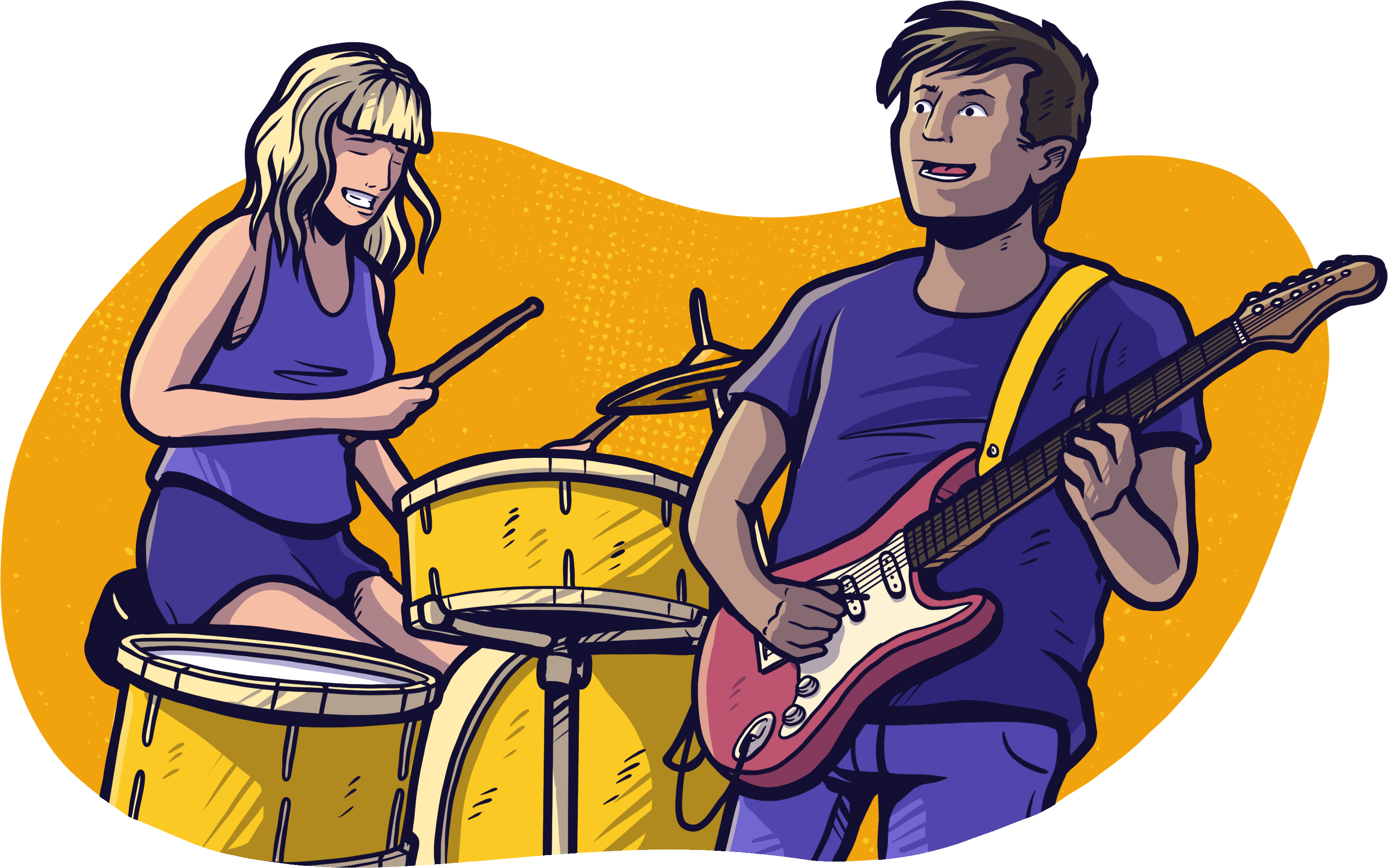 Illustration of musicians jamming together. Art by Laurence Crow Illustration.