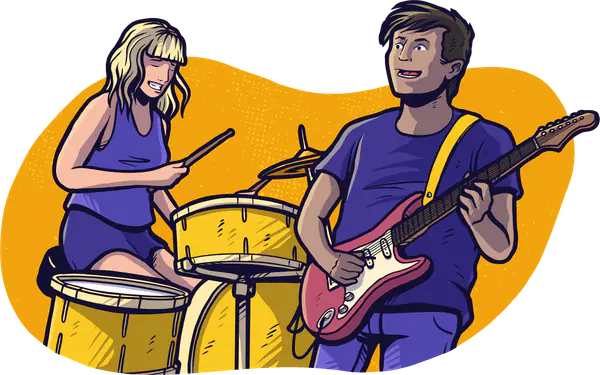 Illustration of musicians jamming together. Art by Laurence Crow Illustration.