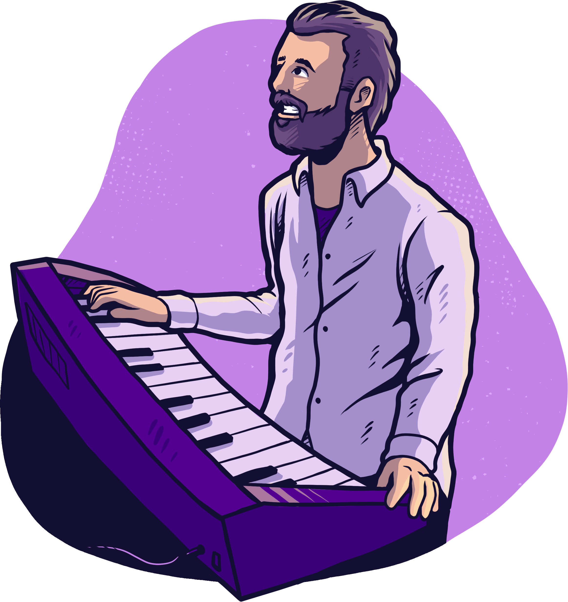 Illustration of a musician with keyboards. Art by Laurence Crow Illustration.