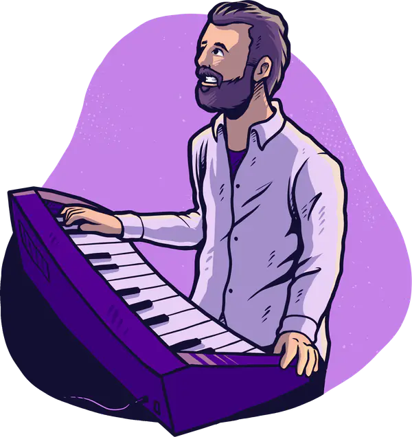 Illustration of a musician with keyboards. Art by Laurence Crow Illustration.