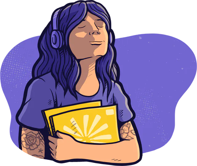 Illustration of a person with headphones listening to music, eyes closed. Art by Laurence Crow Illustration.