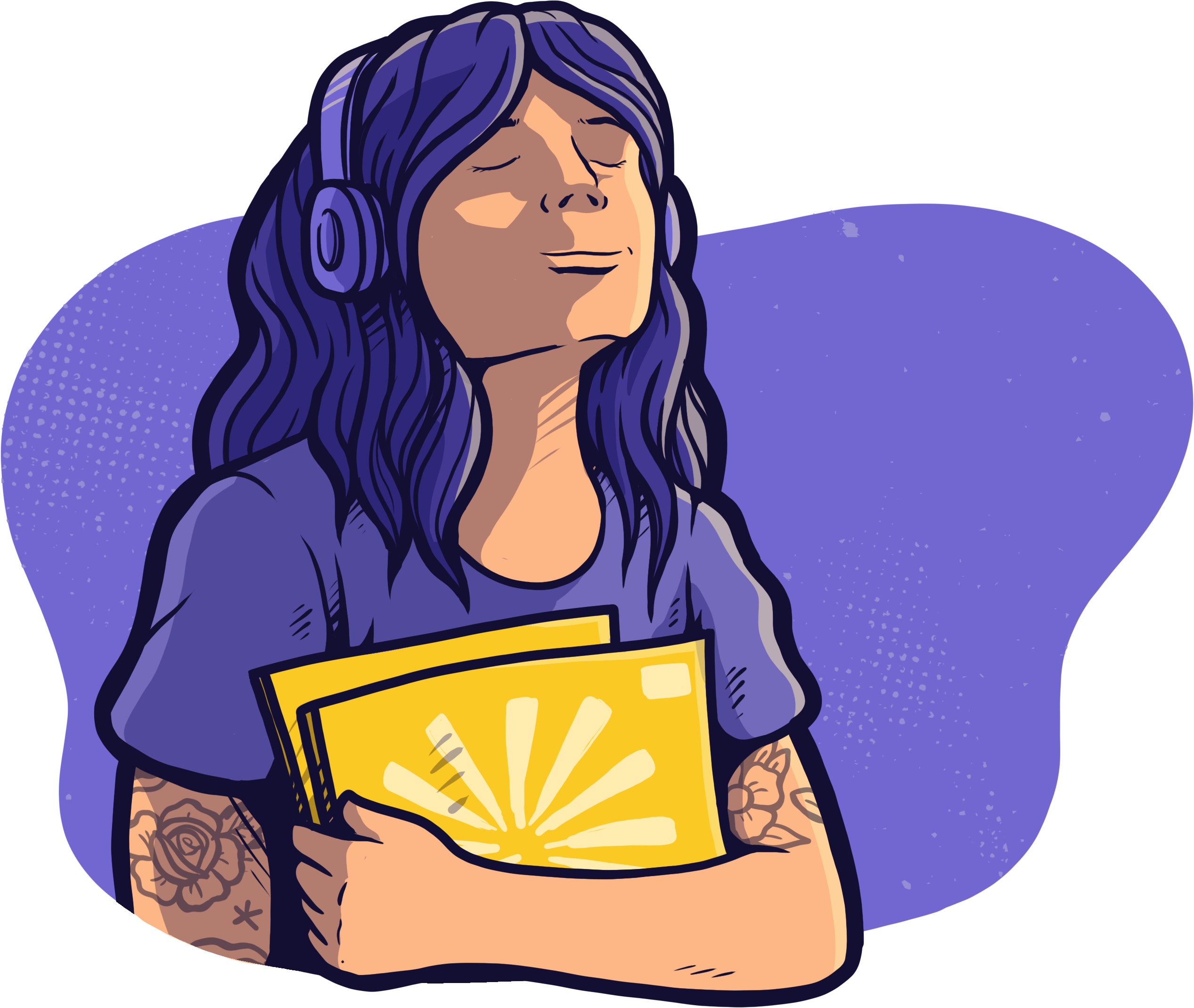 Illustration of a person with headphones listening to music, eyes closed. Art by Laurence Crow Illustration.