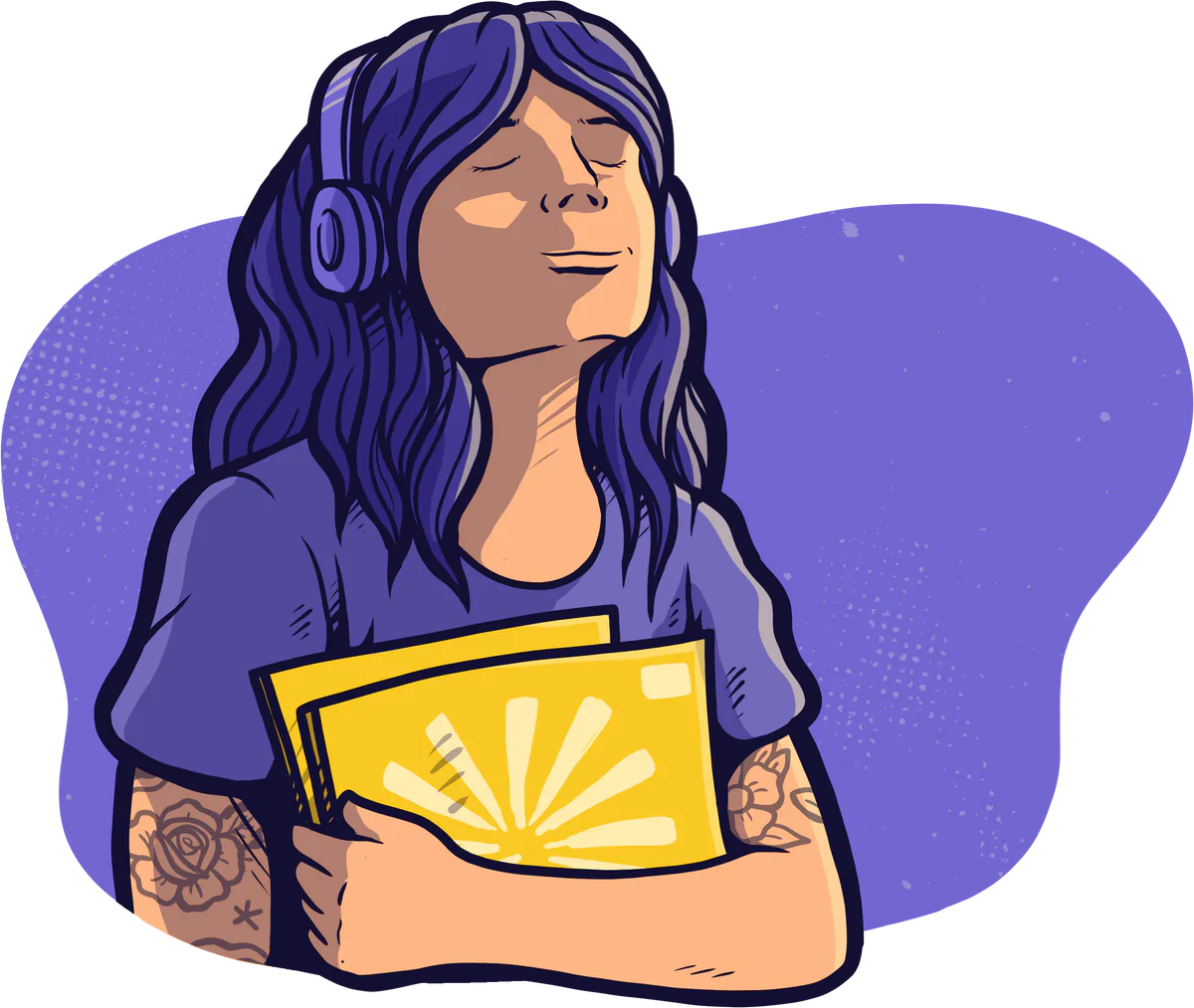 Illustration of a person with headphones listening to music, eyes closed. Art by Laurence Crow Illustration.