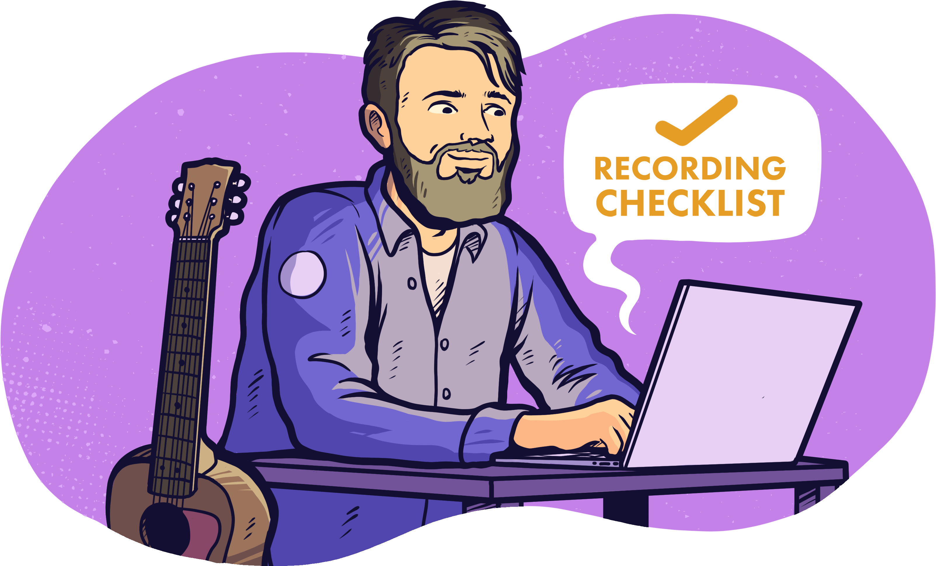 Illustration of a musician at work in a recording studio. Art by Laurence Crow Illustration.