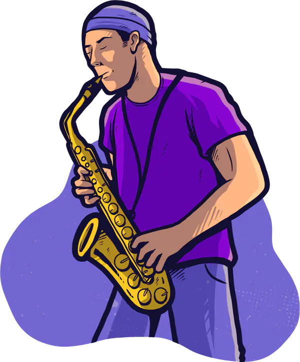 Illustration of a musician playing saxophone. Art by Laurence Crow Illustration.