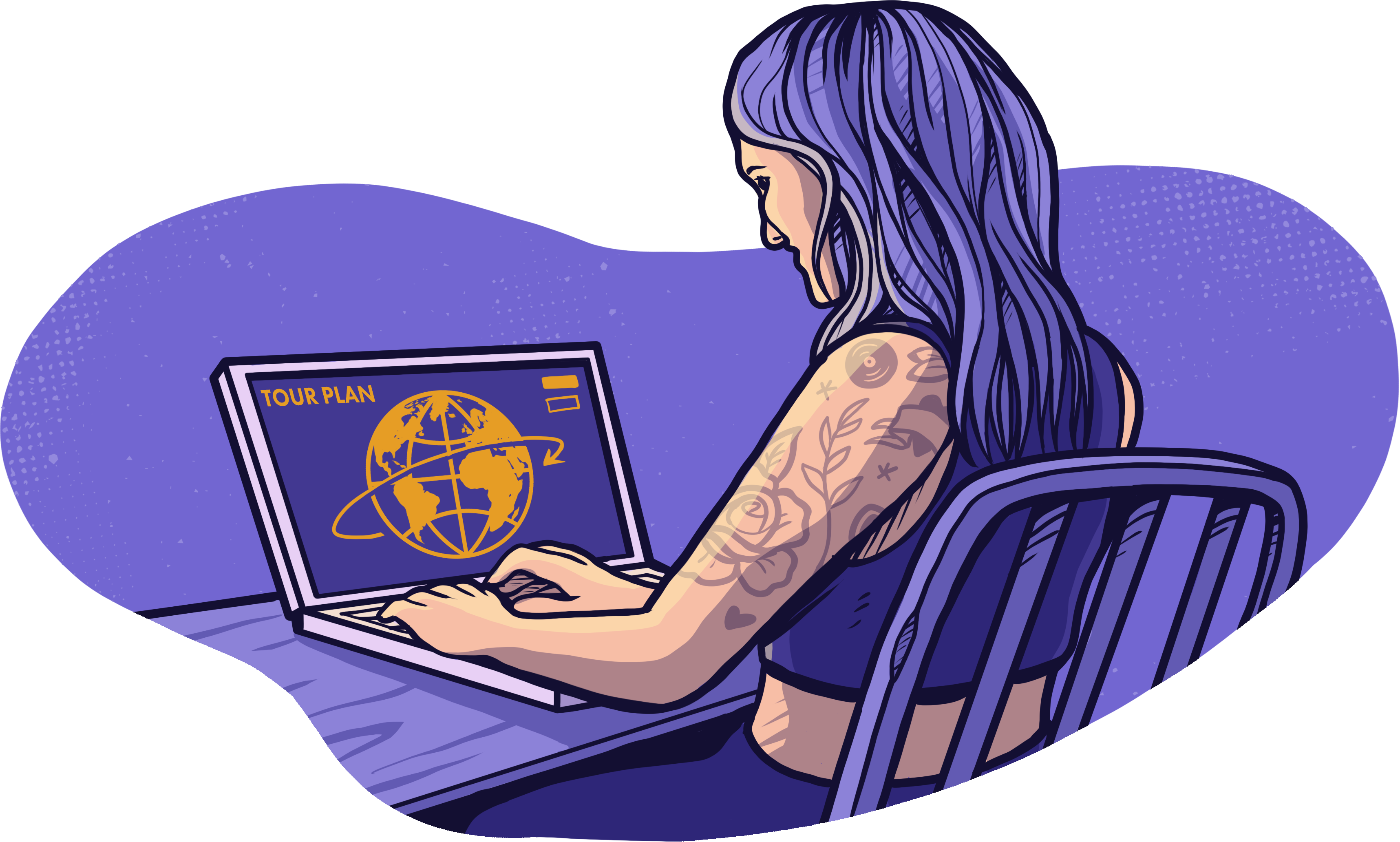 Illustration of musicians performing on tour. Art by Laurence Crow Illustration.